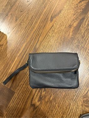 Talbots Black Pebbled Leather Fold-Over Wristlet Clutch